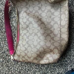 Coach Tan and Pink Shoulder Bag with Signature Monogram